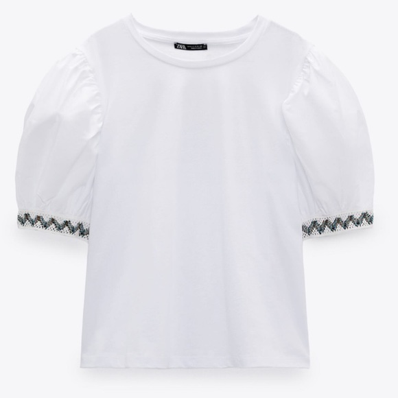 Zara Tops - Zara Crochet Trim Puff Sleeve Tee Small White